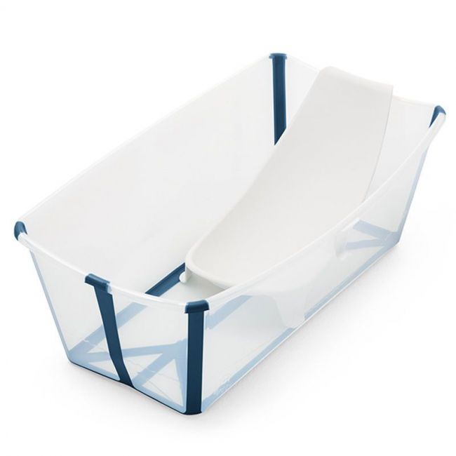 Set Bañera Plegable Stokke Flexi Bath Transparente y Azul con Tapón y Soporte Recién Nacido