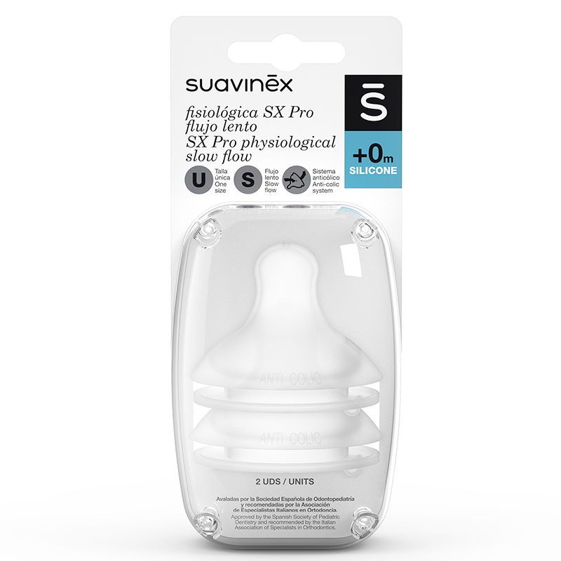 Pack 2 Tetinas Fisiológicas SX Pro de Silicona Flujo Lento +0 Meses. -  SUAVINEX
