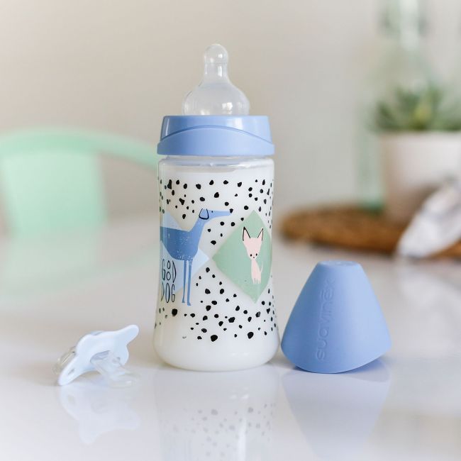 Biberón 270 ML Tetina 3 Posiciones Silicona Perros Azul