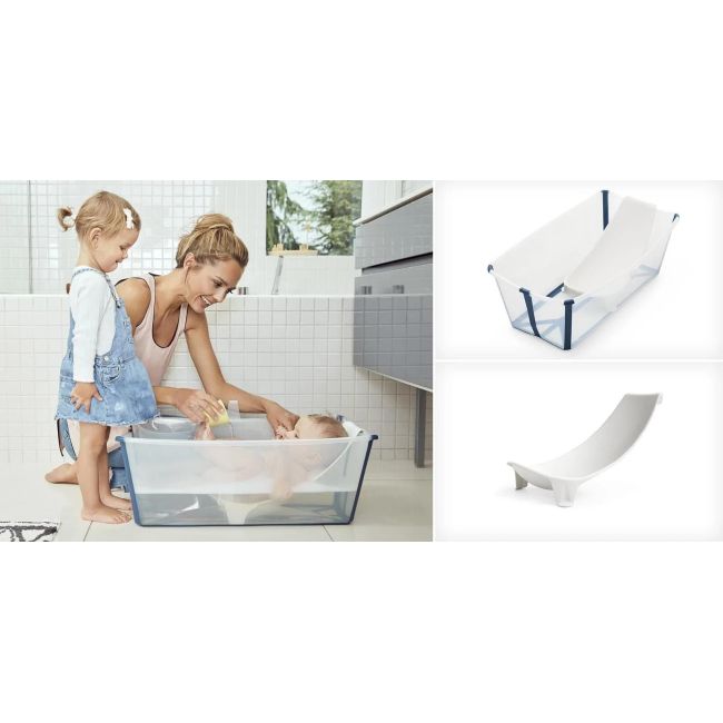 Set Bañera Plegable Stokke Flexi Bath Transparente y Azul con Tapón y Soporte Recién Nacido