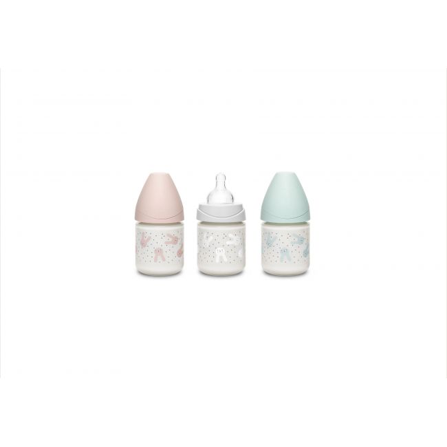 Biberón Vidrio 120ml Tetina 3 Posiciones 0m+ Hygge Rabbit Gris