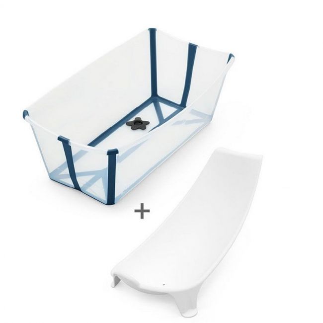 Set Bañera Plegable Stokke Flexi Bath Transparente y Azul con Tapón y Soporte Recién Nacido